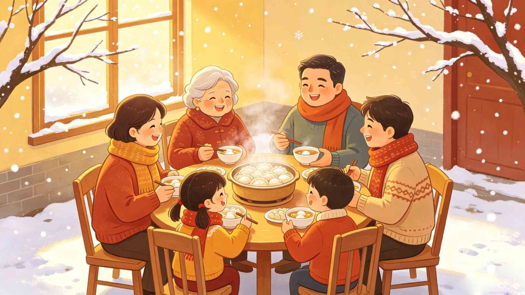 Winter Solstice Dongzhi scene with family traditions and seasonal winter atmosphere