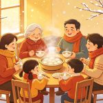 Traditional Chinese Winter Solstice solar term illustration, showing winter scenery and cultural elements