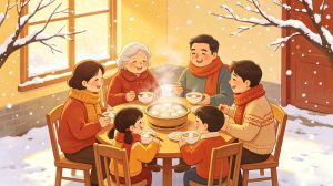 Traditional Chinese Winter Solstice solar term illustration, showing winter scenery and cultural elements