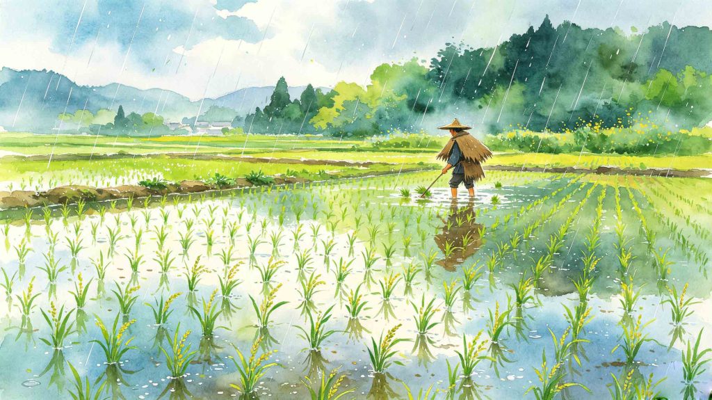 Bright rural landscape with spring rain for Grain Rain, a traditional Chinese solar term