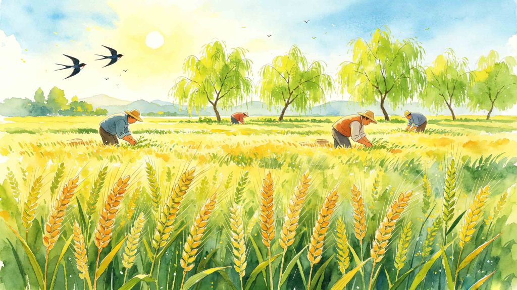 Bright countryside scenery with growing crops for the Grain Buds Xiaoman solar term