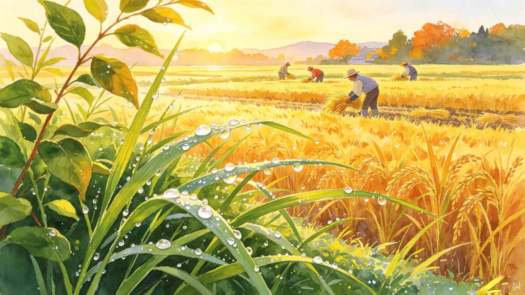 Bright early autumn scenery with crystal dewdrops, featuring the distinctive landscape of White Dew solar term