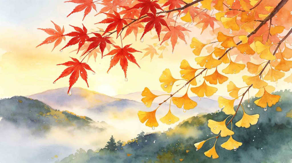 Bright vivid autumn scenery with cold dewdrops, typical landscape for Cold Dew solar term