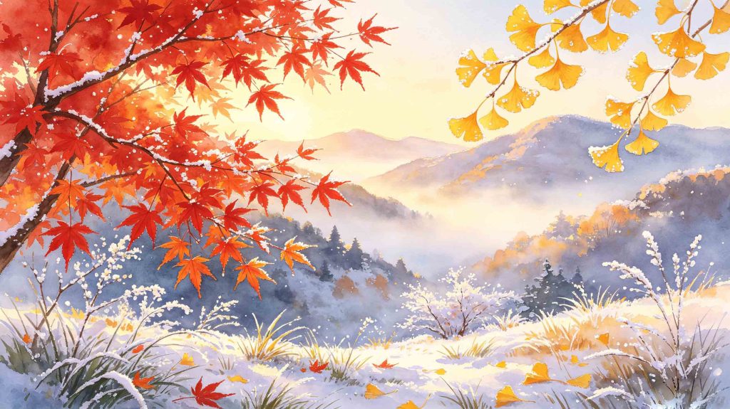 Vibrant late autumn landscape covered with light frost, classic scenery for Frost Descent solar term