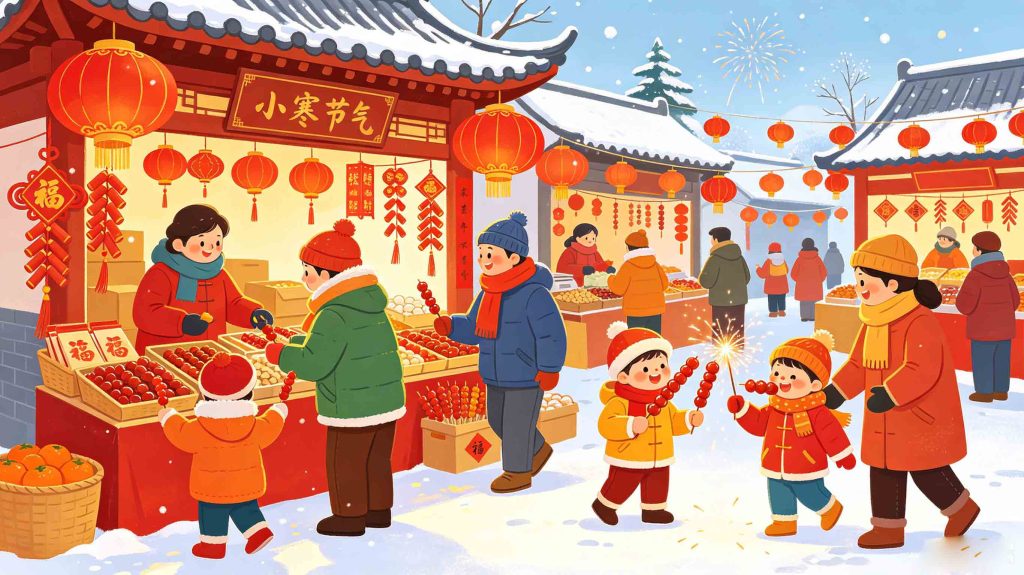 Vibrant traditional winter market scene of Minor Cold solar term in China