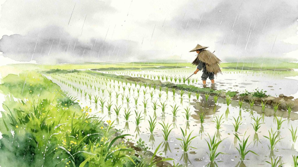 Bright landscape with spring rain for Rain Water, one of China's 24 solar terms