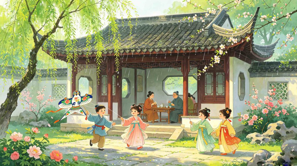 Vibrant illustration of folk customs and traditional activities in Grain Rain season