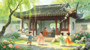 Vibrant illustration of folk customs and traditional activities in Grain Rain season