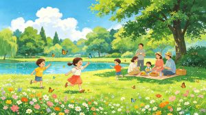 Colorful illustration of traditional customs and activities on Summer Solstice