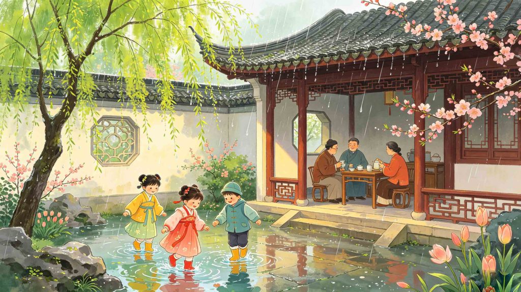 Vibrant illustration of folk customs and activities during Rain Water solar term