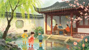 Vibrant illustration of folk customs and activities during Rain Water solar term