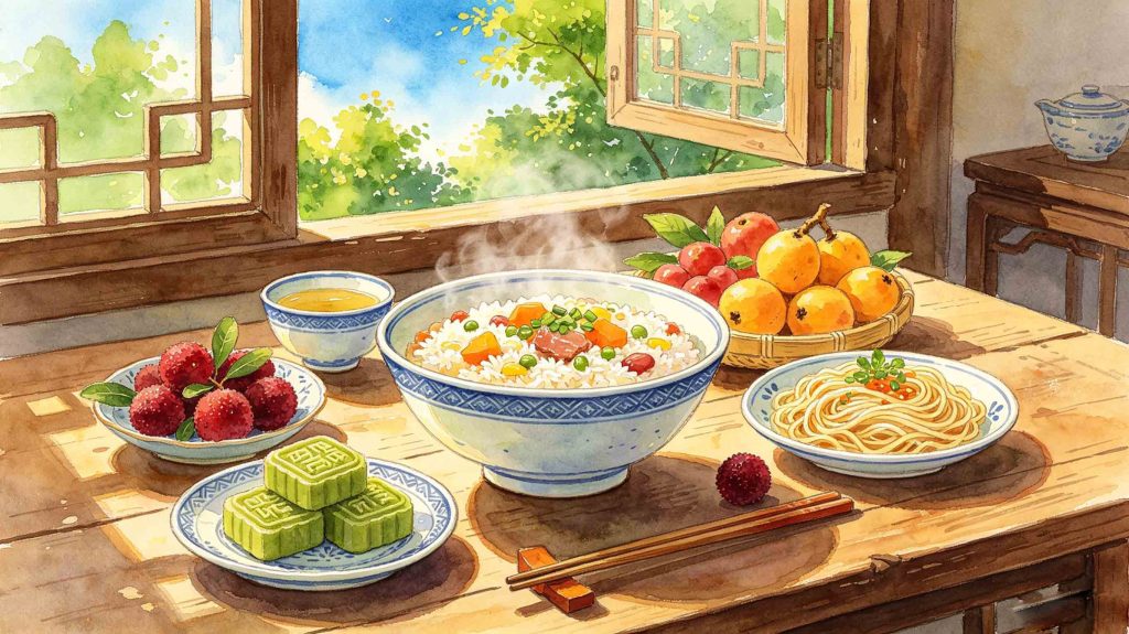 Bright display of special seasonal delicacies of the Start of Summer solar term