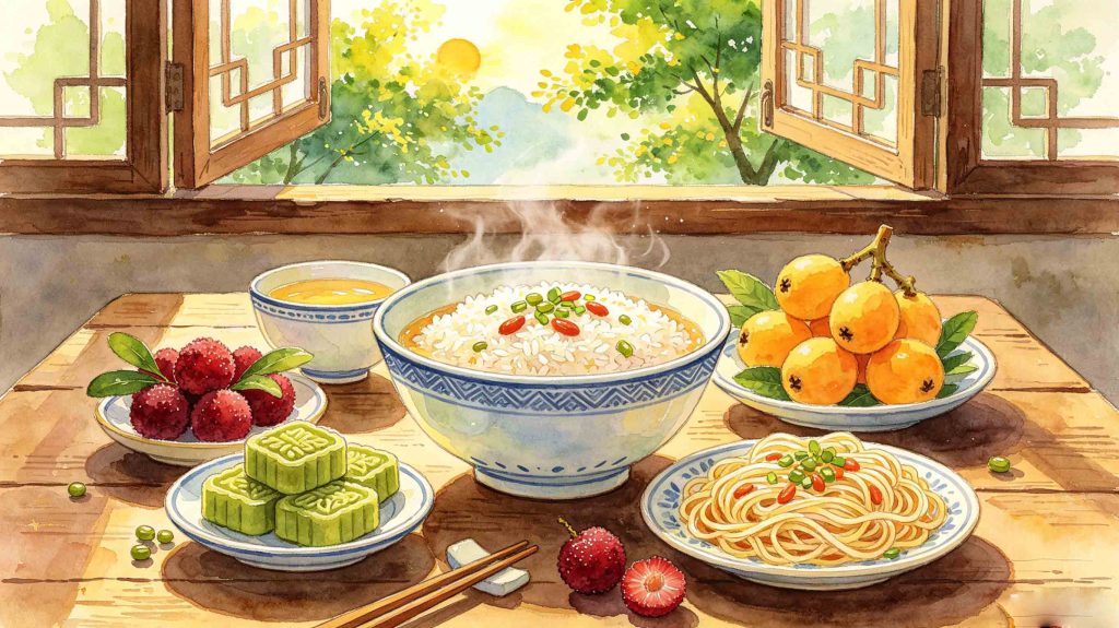 Seasonal foods for Grain Buds including fresh vegetables and light summer dishes