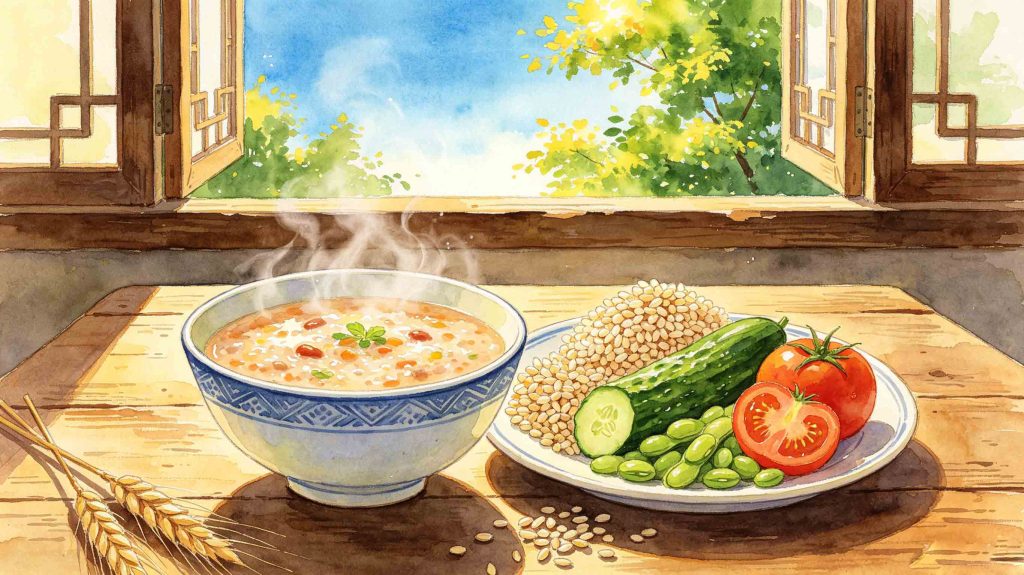 Colorful display of classic seasonal foods for the Grain in Ear solar term