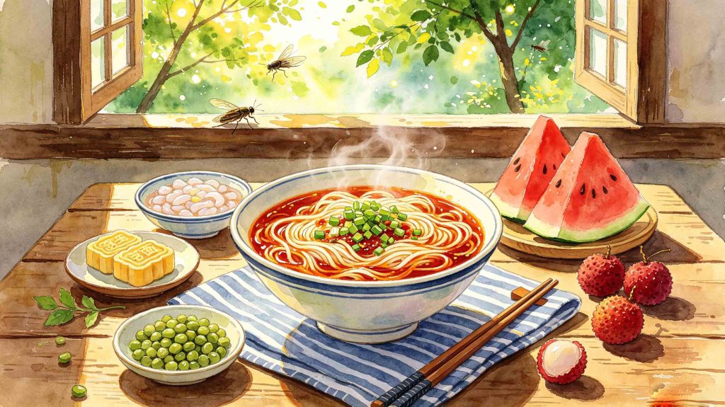 Bright display of special traditional foods for Summer Solstice solar term