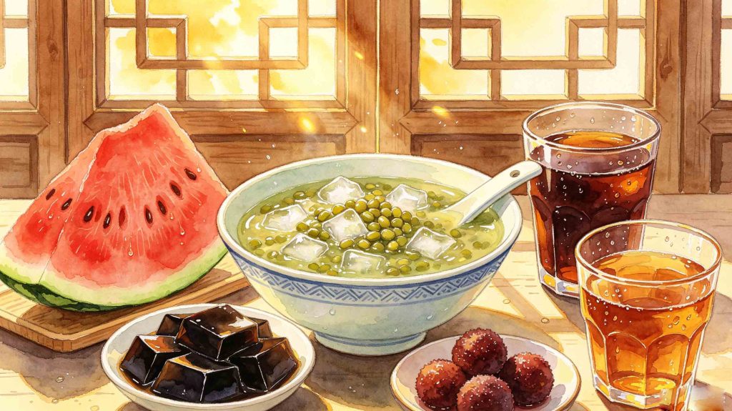 Colorful display of refreshing seasonal foods for the hottest solar term Major Heat