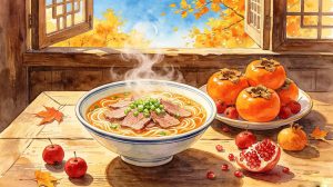 Colorful assortment of warm nourishing dishes for health care during Frost Descent