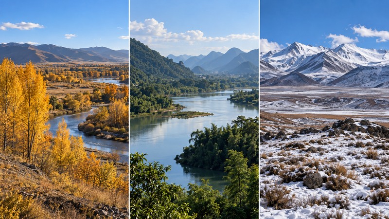 Three-panel October landscape showing golden northern autumn, green subtropical south, and snow on a high western plateau