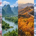Four-panel landscape representing spring, summer, autumn, and winter in China