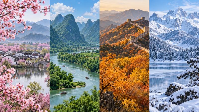 Four-panel landscape representing spring, summer, autumn, and winter in China