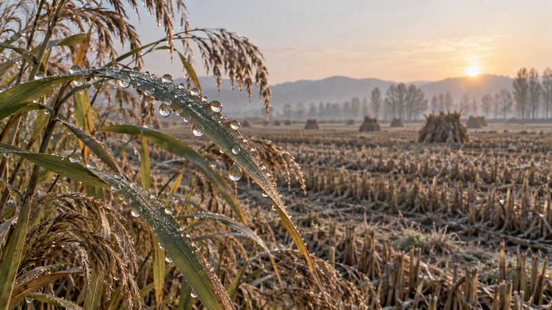 Dew on grain leaves in a harvested autumn field at sunrise