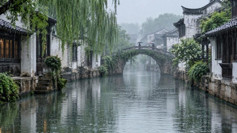 A Jiangnan canal town with wet tiled roofs and steady Meiyu rain