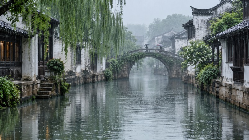 A Jiangnan canal town with wet tiled roofs and steady Meiyu rain