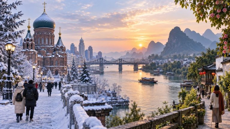 Visual contrast between snowy northern China and a mild green southern Chinese riverside