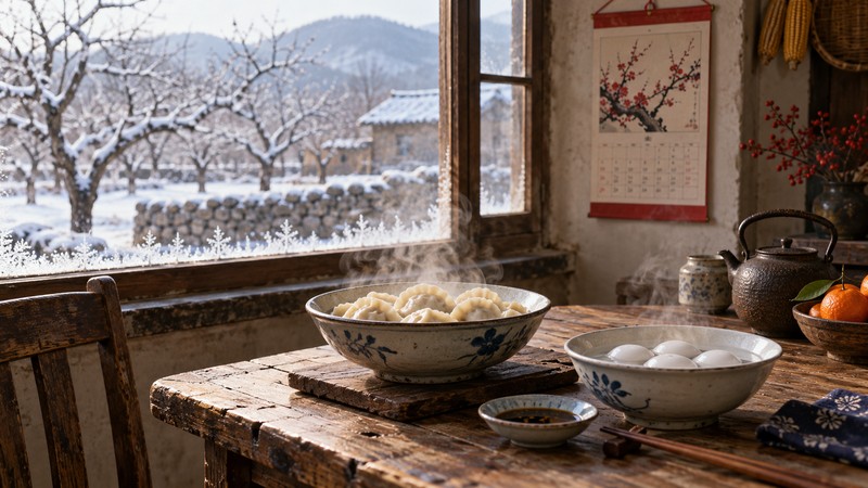 Steaming dumplings and tangyuan beside a frosted orchard in winter