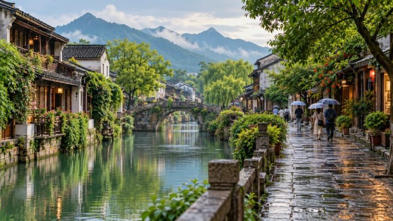 Umbrella-carrying visitors beside a lush southern Chinese canal after May rain