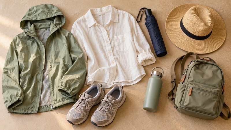 Light jacket, breathable shirt, umbrella, walking shoes and sun hat for a May trip to China