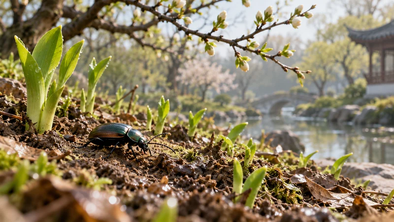 Beetle on moist soil beside fresh shoots and a budding branch in an early-spring garden