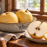 Whole Asian pears in a ceramic bowl and a cut pear on a plate beside a kitchen window