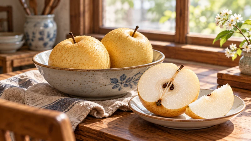 Whole Asian pears in a ceramic bowl and a cut pear on a plate beside a kitchen window