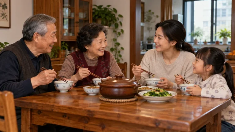Three generations sharing a meal with a covered earthenware pot and bowls in a home dining room