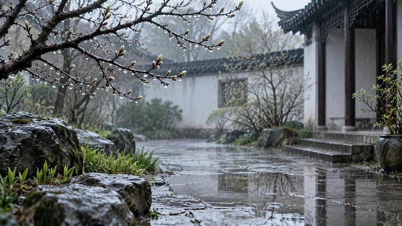Rain droplets on bare budding branches above a damp garden path in early spring