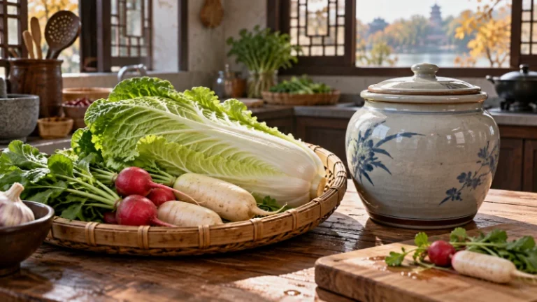 Cabbage and radishes beside a ceramic preserving jar