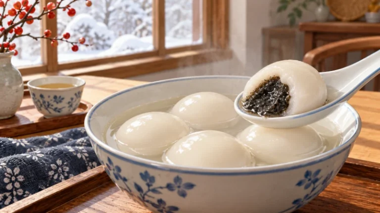 Glutinous rice balls in a bowl with one opened rice ball