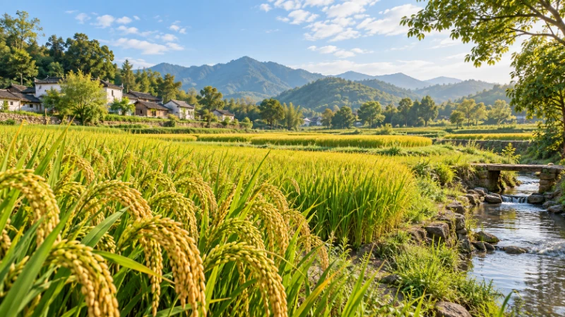 Green and partly ripening rice plants in warm late-summer light