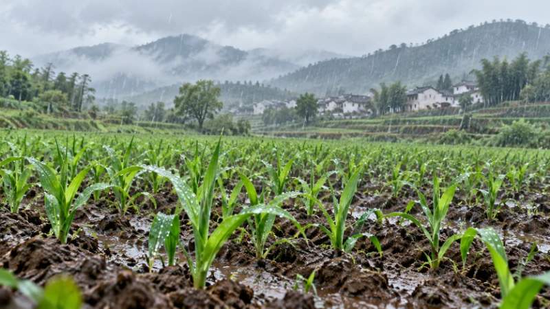 Young grain plants beneath gentle spring rain