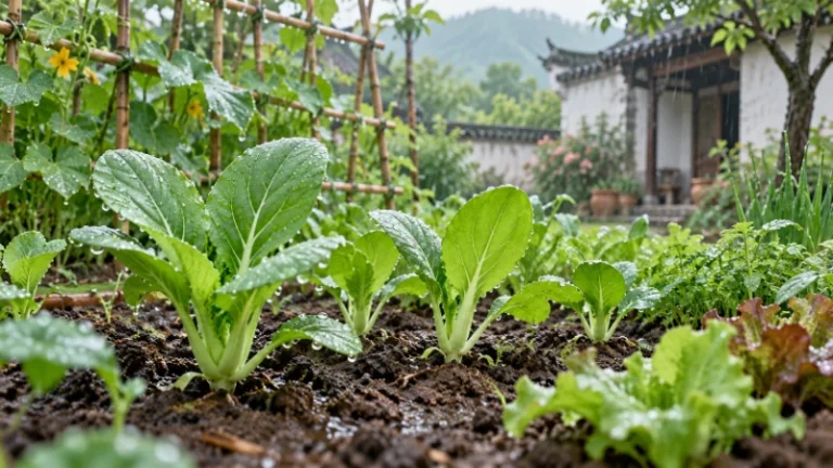 Rain droplets on young vegetable seedlings in damp soil