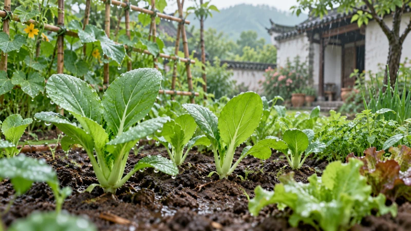 Rain droplets on young vegetable seedlings in damp soil