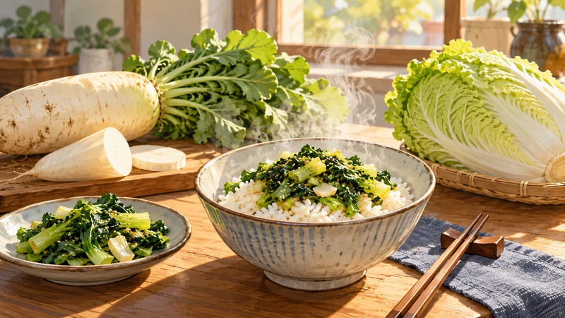 Rice with leafy greens beside radish and cabbage in an illustrated winter kitchen