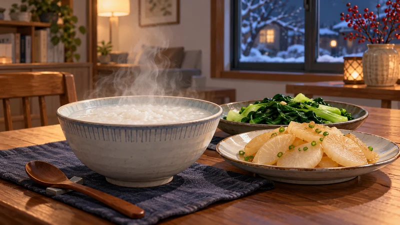 Congee and cooked vegetables on an illustrated winter table