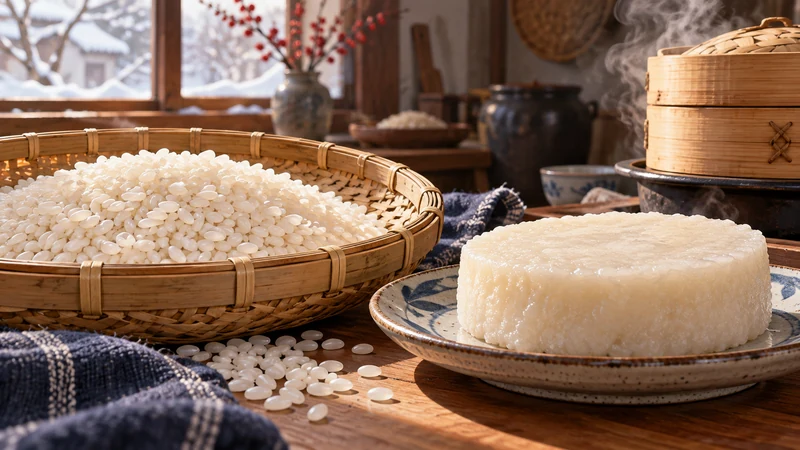 Glutinous rice grains and a steamed rice cake in an illustrated kitchen