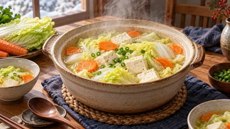 Cabbage carrot and tofu soup on an illustrated winter dinner table