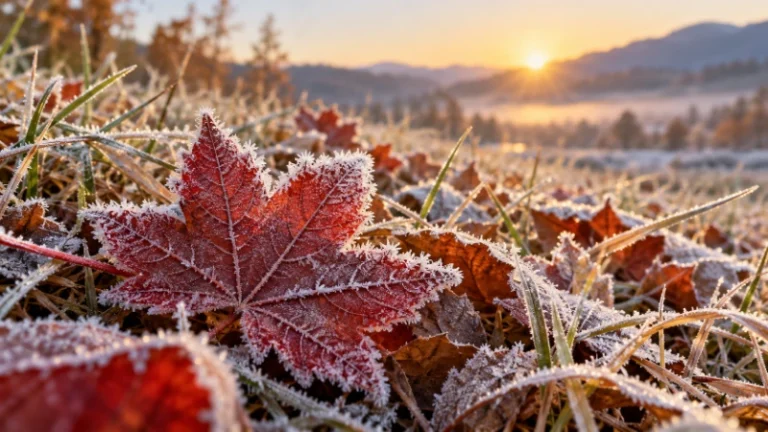 White frost crystals on red leaves and grass