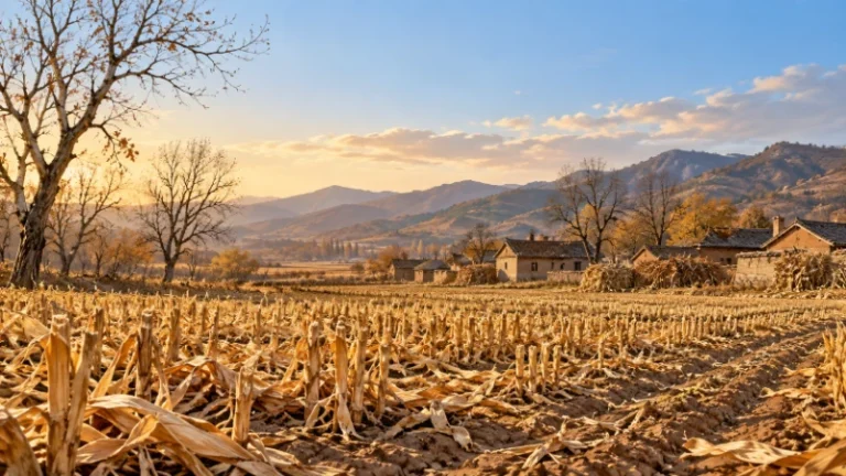 Harvested corn stalks and bare trees in late autumn farmland