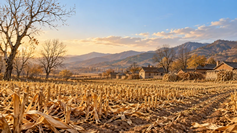 Harvested corn stalks and bare trees in late autumn farmland