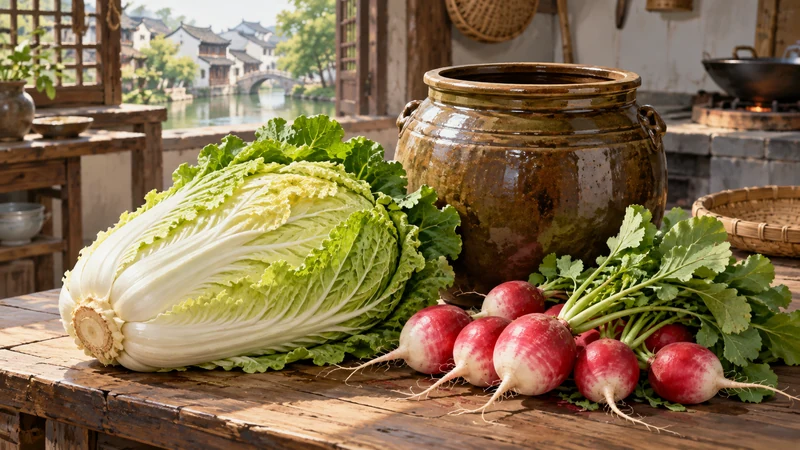 Fresh cabbage and radishes beside an empty ceramic preserving jar